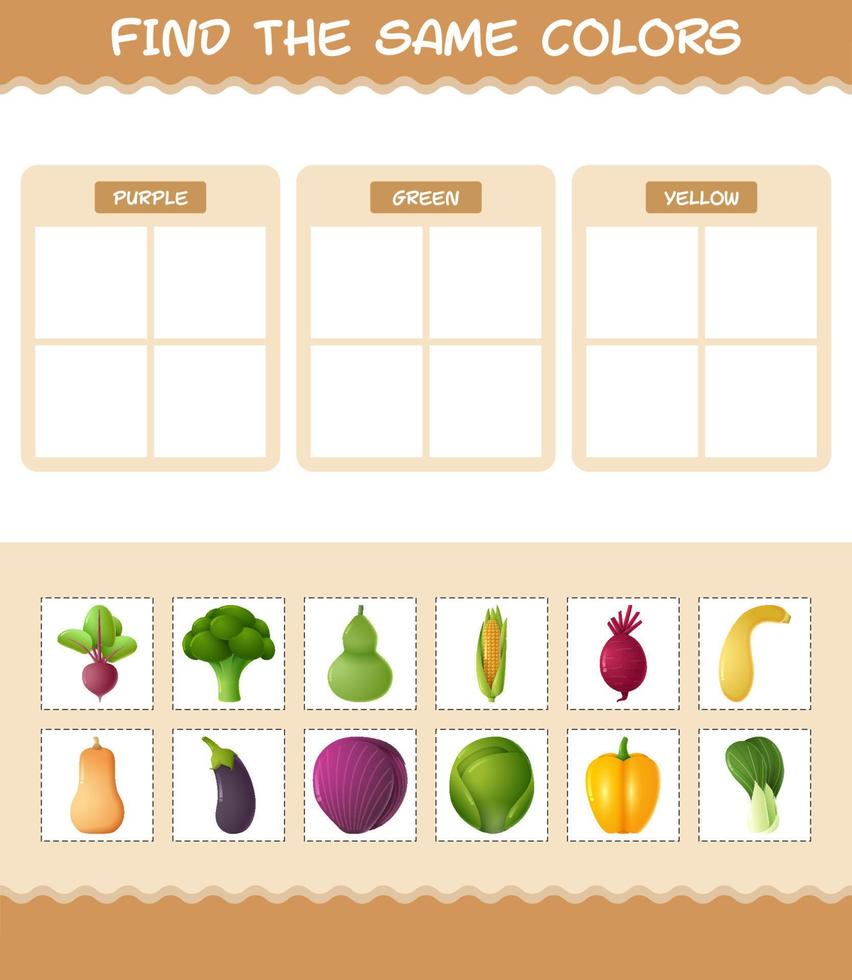 encontrar los mismos colores de las verduras. juego de búsqueda y emparejamiento. juego educativo para niños y niños pequeños en edad preescolar vector