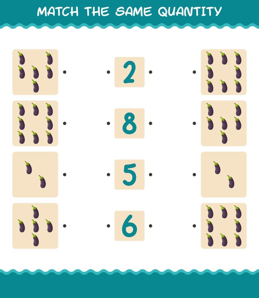 Match the same quantity of eggplant. Counting game. Educational game for pre shool years kids and toddlers vector