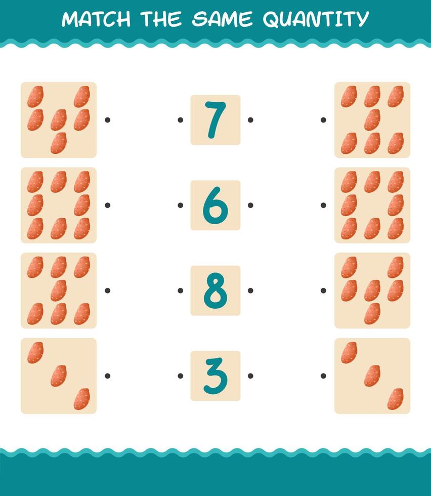 Match the same quantity of sweet potato. Counting game. Educational game for pre shool years kids and toddlers vector