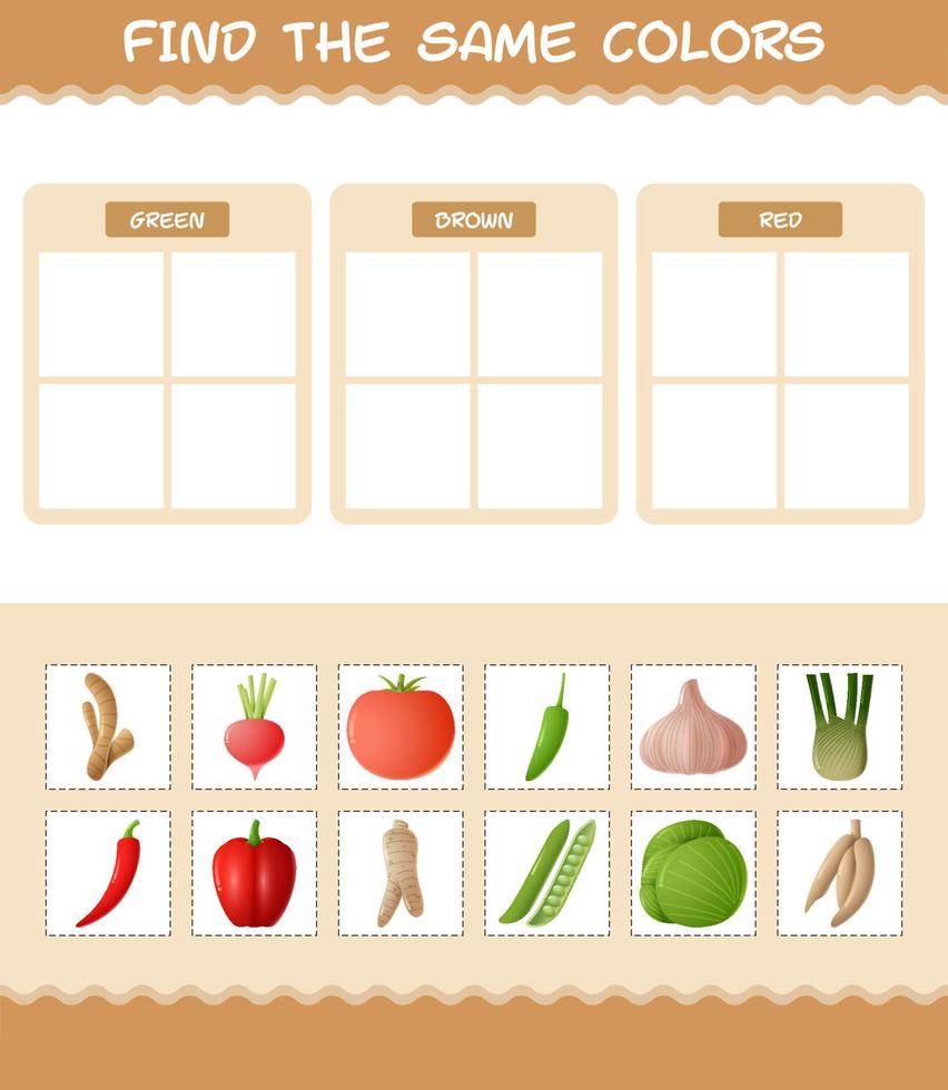 encontrar los mismos colores de las verduras. juego de búsqueda y emparejamiento. juego educativo para niños y niños pequeños en edad preescolar vector