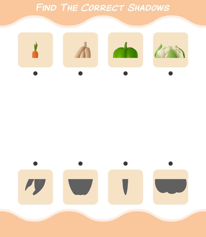 encuentra las sombras correctas de las verduras de dibujos animados. juego de búsqueda y combinación. juego educativo para niños y niños pequeños en edad preescolar vector