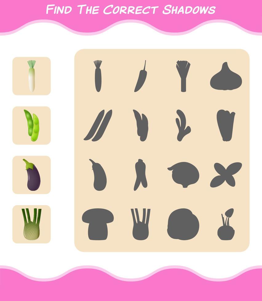 encuentra las sombras correctas de las verduras de dibujos animados. juego de búsqueda y combinación. juego educativo para niños y niños pequeños en edad preescolar vector