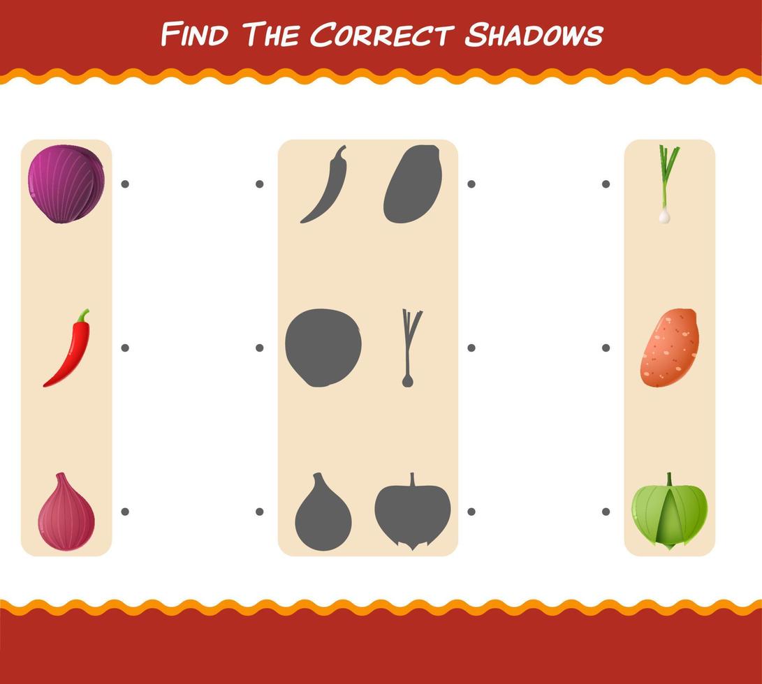 encuentra las sombras correctas de las verduras de dibujos animados. juego de búsqueda y combinación. juego educativo para niños y niños pequeños en edad preescolar vector