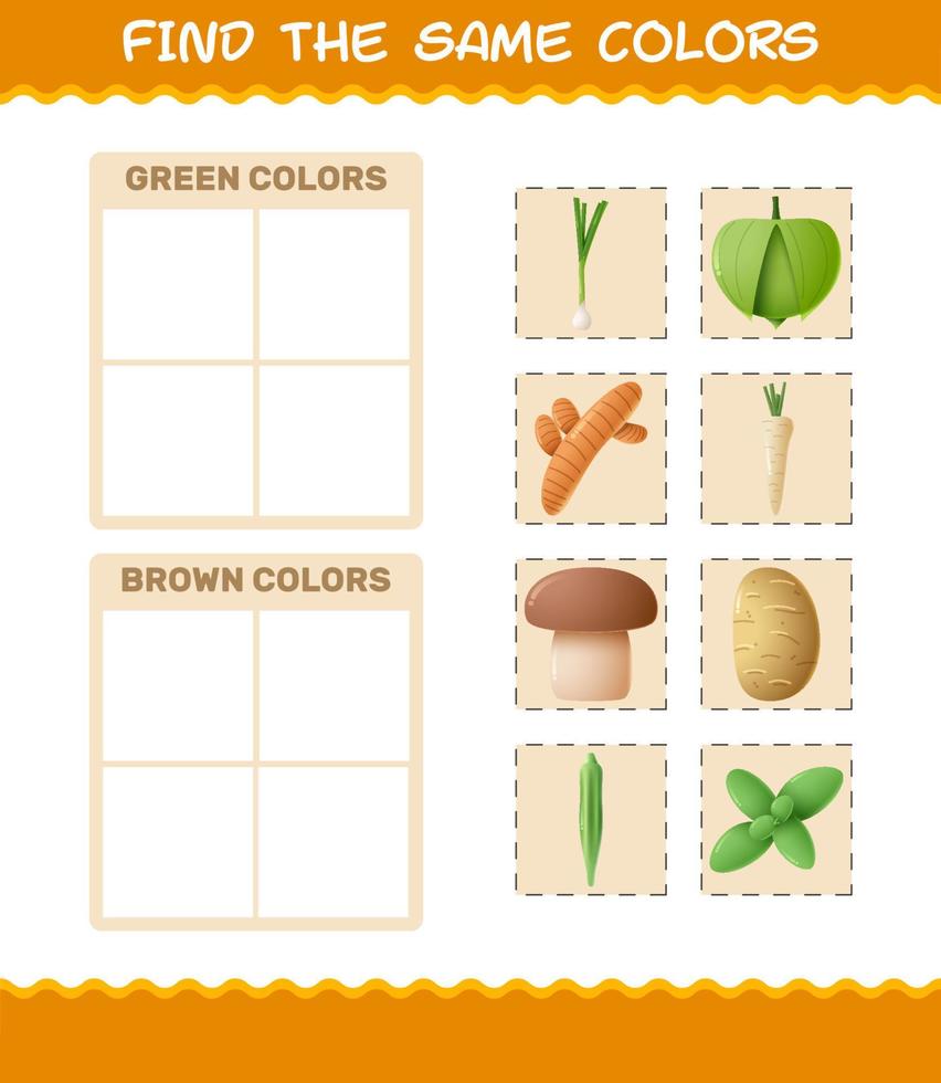 Find the same colors of vegetables. Searching and Matching game. Educational game for pre shool years kids and toddlers vector