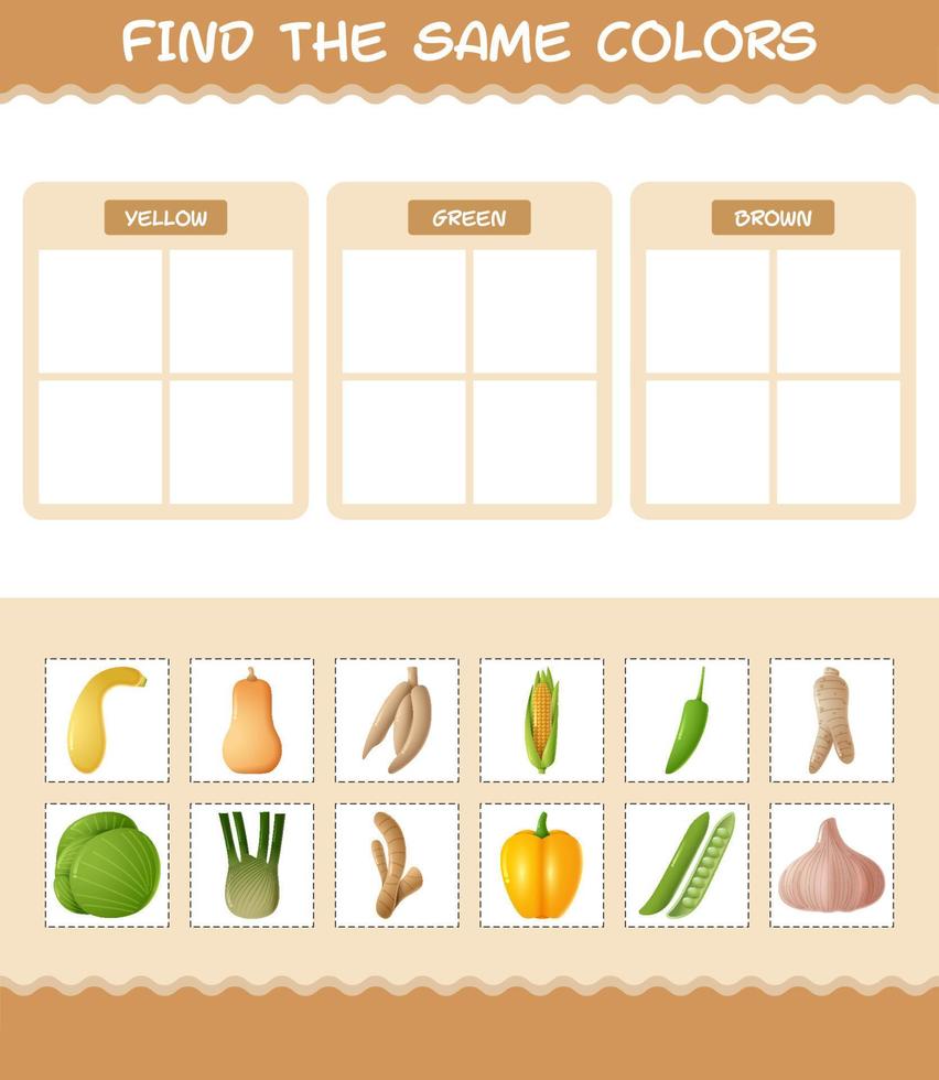 encontrar los mismos colores de las verduras. juego de búsqueda y emparejamiento. juego educativo para niños y niños pequeños en edad preescolar vector