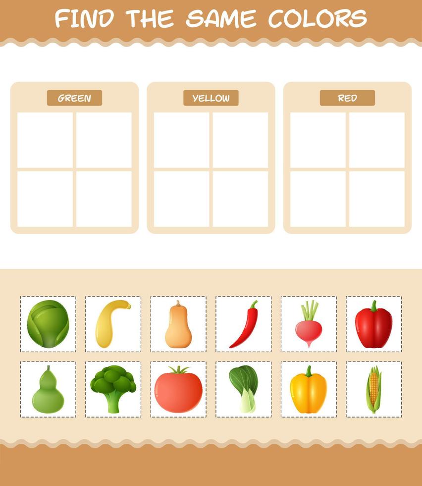 Find the same colors of vegetables. Searching and Matching game. Educational game for pre shool years kids and toddlers vector