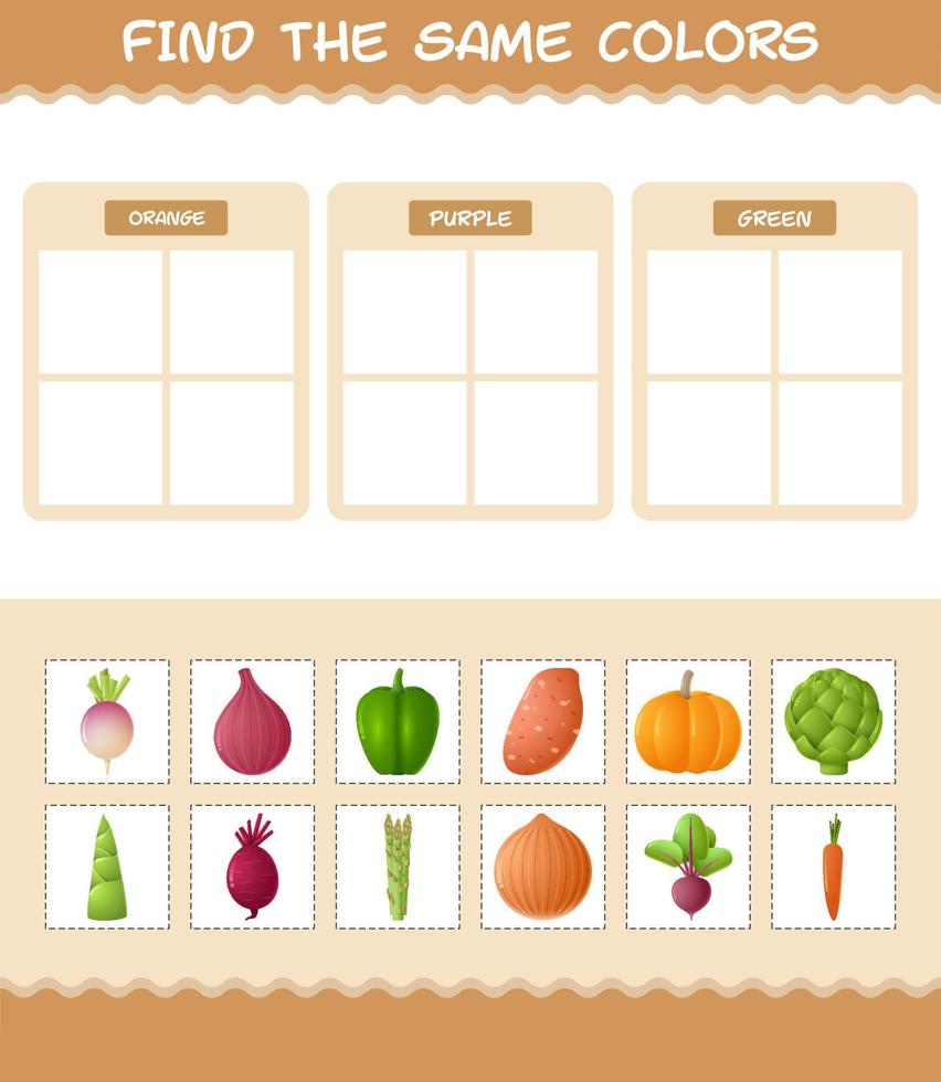 Find the same colors of vegetables. Searching and Matching game. Educational game for pre shool years kids and toddlers vector