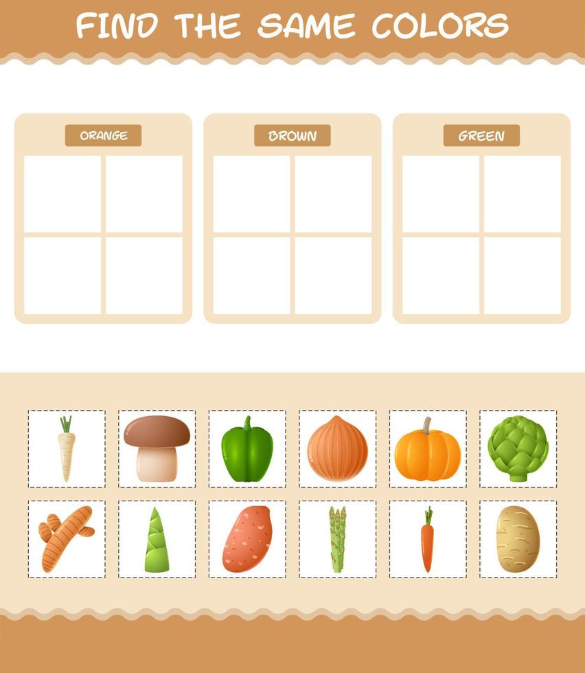 Find the same colors of vegetables. Searching and Matching game. Educational game for pre shool years kids and toddlers vector