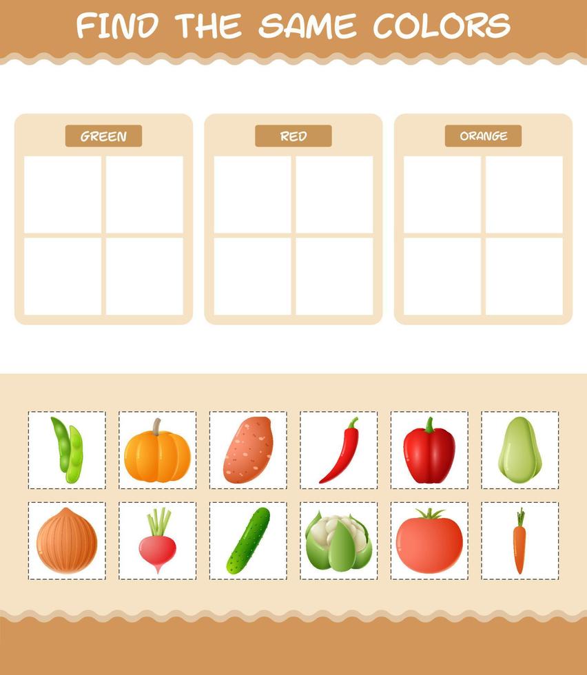 Find the same colors of vegetables. Searching and Matching game. Educational game for pre shool years kids and toddlers vector