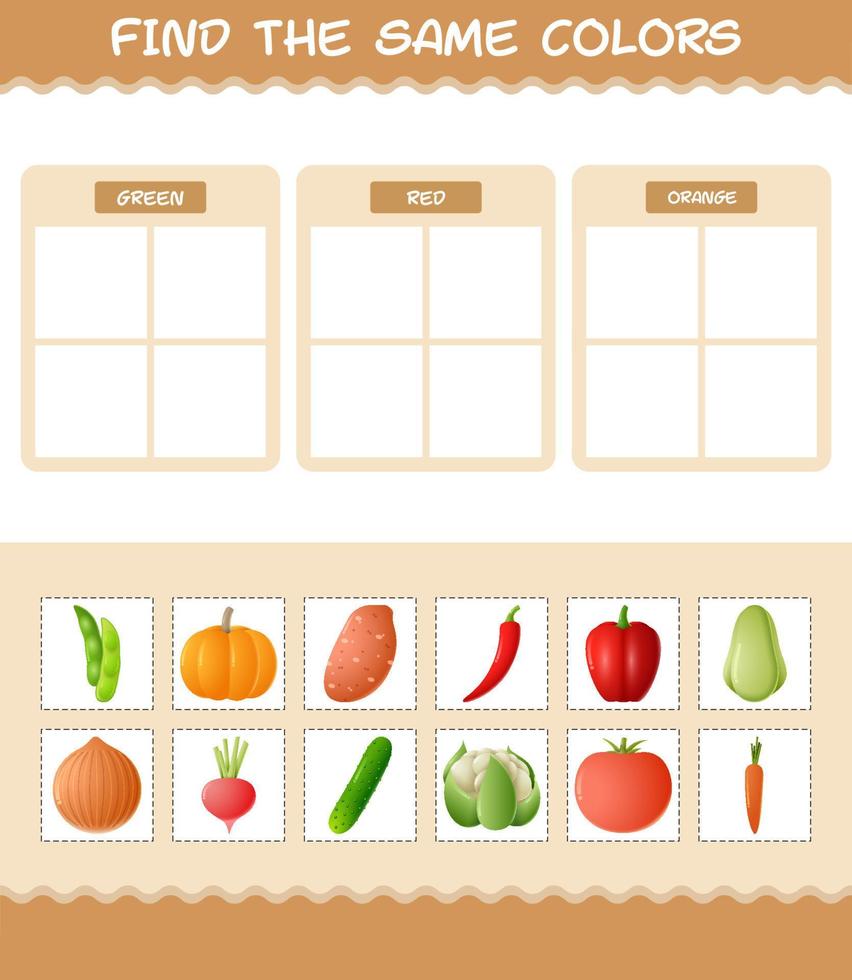 encontrar los mismos colores de las verduras. juego de búsqueda y emparejamiento. juego educativo para niños y niños pequeños en edad preescolar vector