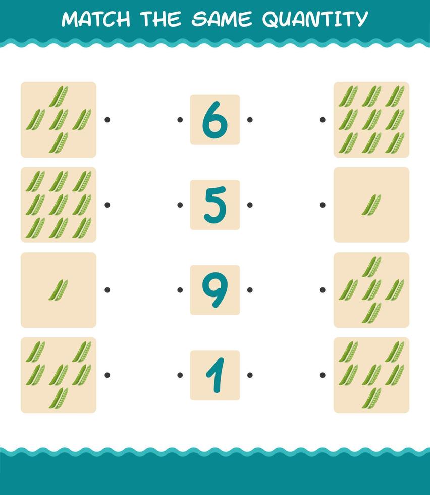 Match the same quantity of green pea. Counting game. Educational game for pre shool years kids and toddlers vector