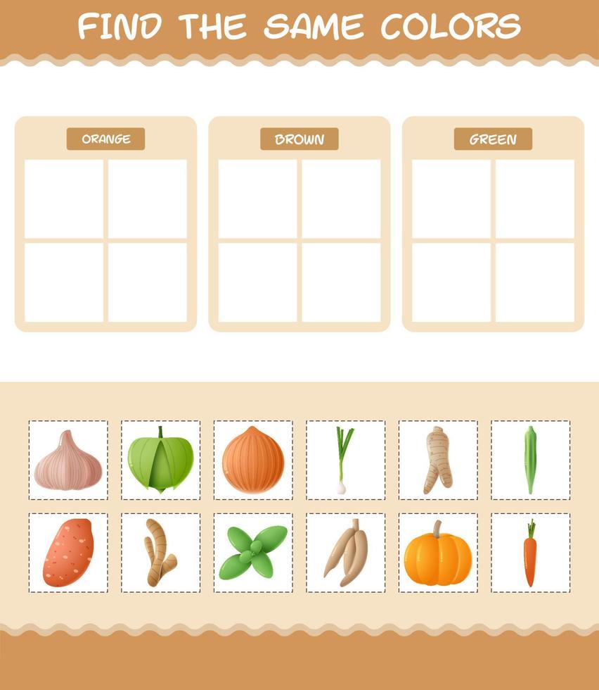 Find the same colors of vegetables. Searching and Matching game. Educational game for pre shool years kids and toddlers vector