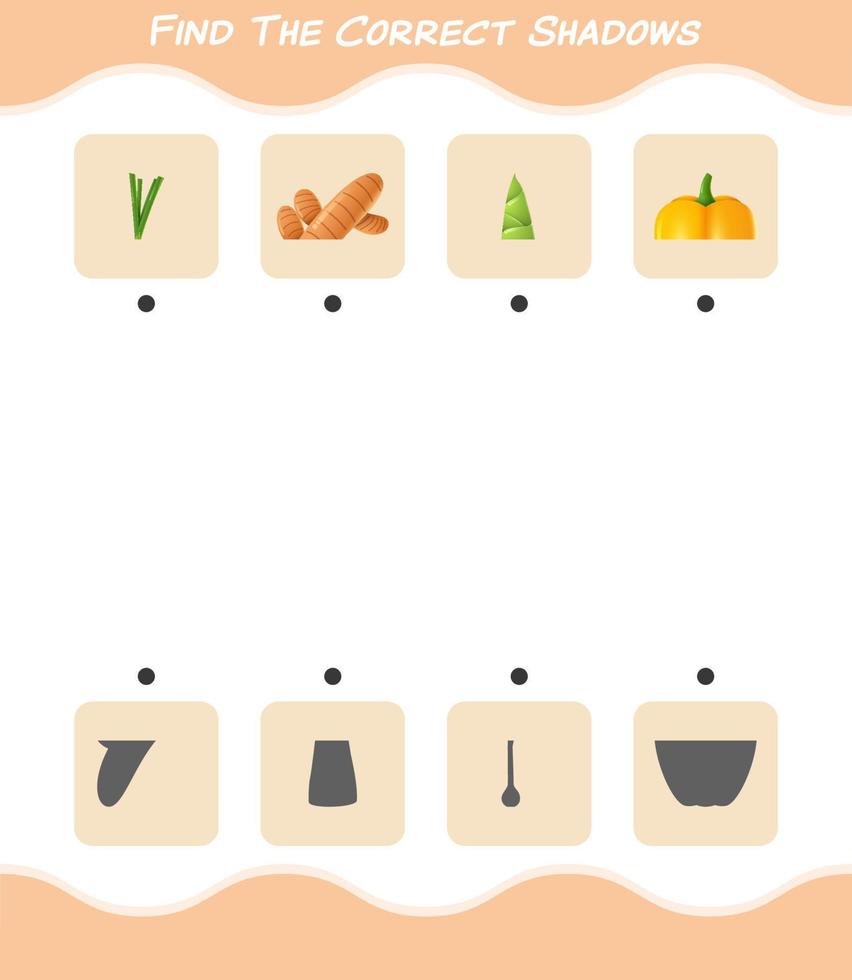 Find the correct shadows of cartoon vegetables. Searching and Matching game. Educational game for pre shool years kids and toddlers vector