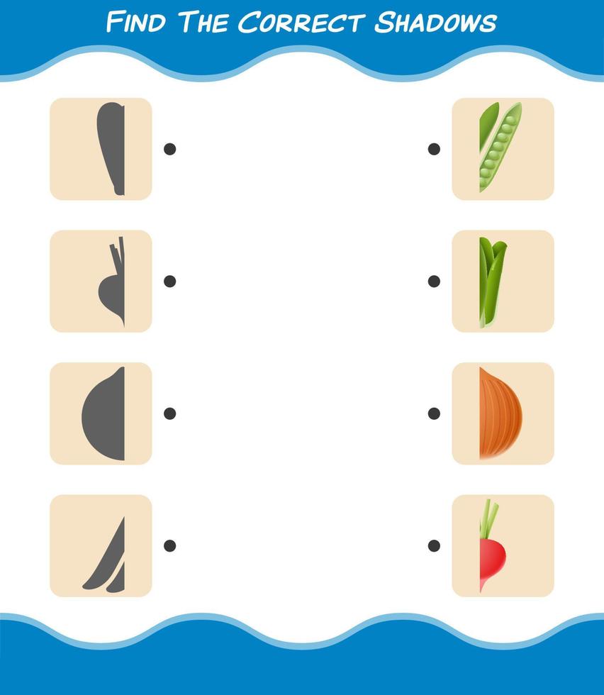Find the correct shadows of cartoon vegetables. Searching and Matching game. Educational game for pre shool years kids and toddlers vector