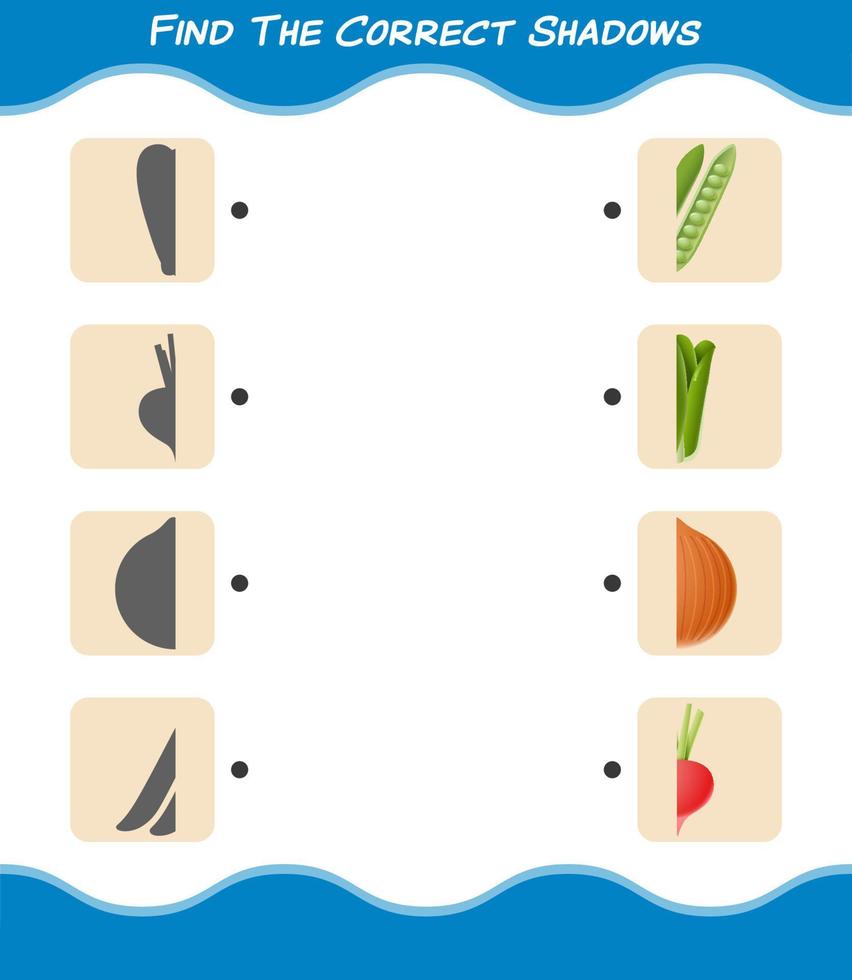 encuentra las sombras correctas de las verduras de dibujos animados. juego de búsqueda y combinación. juego educativo para niños y niños pequeños en edad preescolar vector