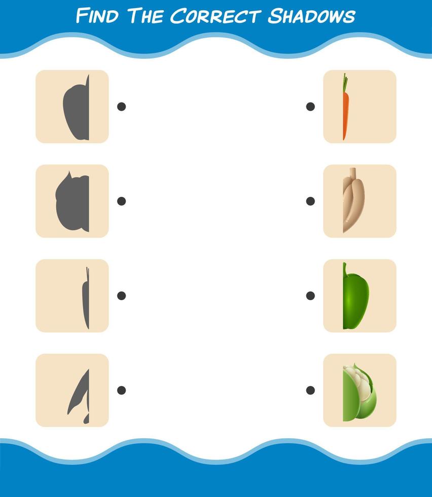 encuentra las sombras correctas de las verduras de dibujos animados. juego de búsqueda y combinación. juego educativo para niños y niños pequeños en edad preescolar vector