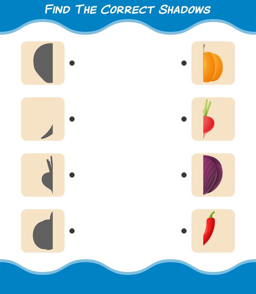 Find the correct shadows of cartoon vegetables. Searching and Matching game. Educational game for pre shool years kids and toddlers vector