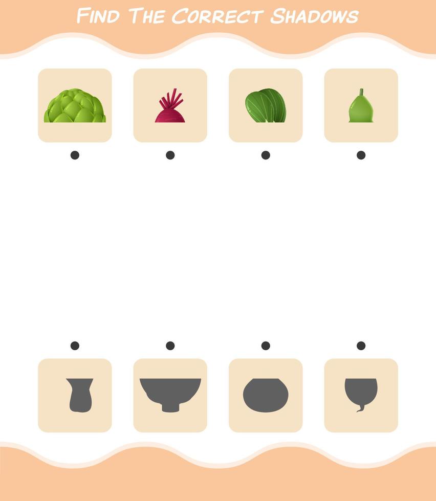 encuentra las sombras correctas de las verduras de dibujos animados. juego de búsqueda y combinación. juego educativo para niños y niños pequeños en edad preescolar vector