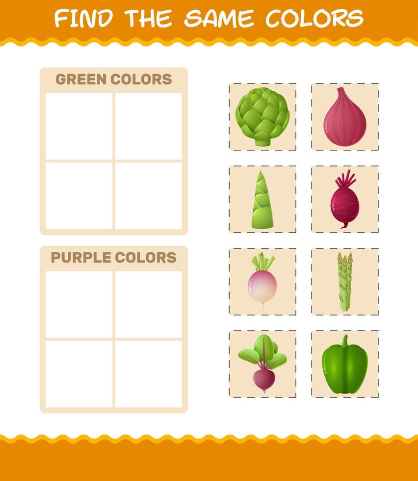 Find the same colors of vegetables. Searching and Matching game. Educational game for pre shool years kids and toddlers vector