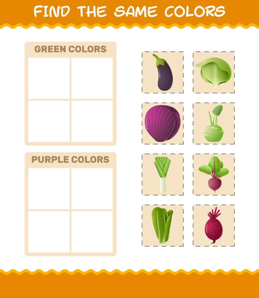 Find the same colors of vegetables. Searching and Matching game. Educational game for pre shool years kids and toddlers vector