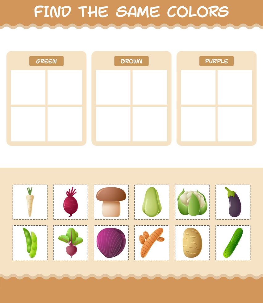 Find the same colors of vegetables. Searching and Matching game. Educational game for pre shool years kids and toddlers vector