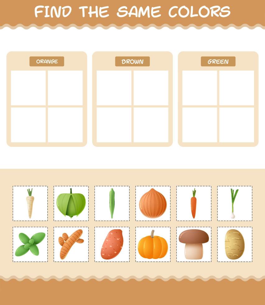 Find the same colors of vegetables. Searching and Matching game. Educational game for pre shool years kids and toddlers vector