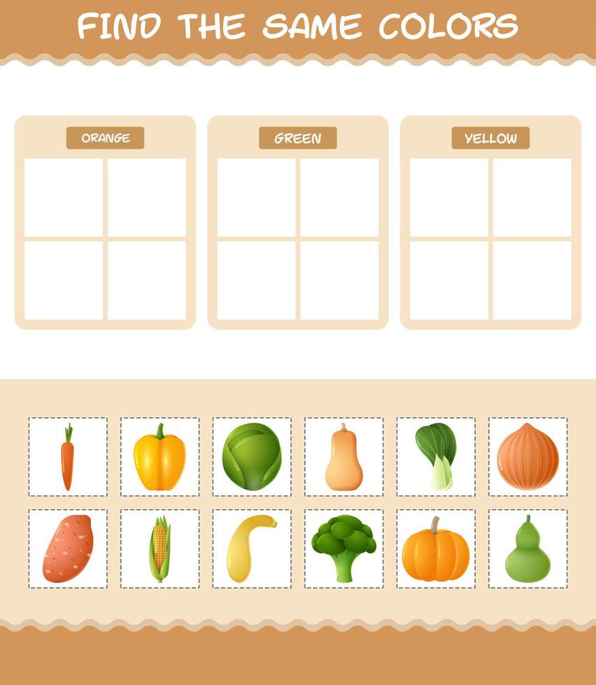 Find the same colors of vegetables. Searching and Matching game. Educational game for pre shool years kids and toddlers vector