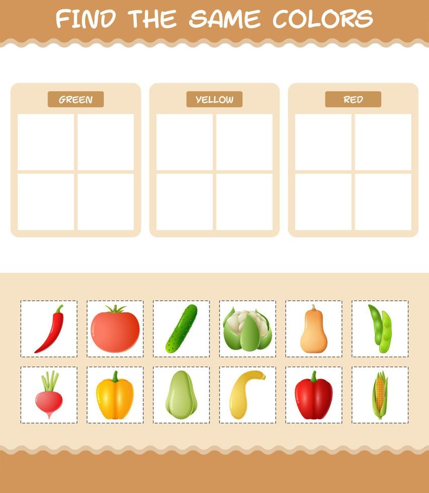 Find the same colors of vegetables. Searching and Matching game. Educational game for pre shool years kids and toddlers vector