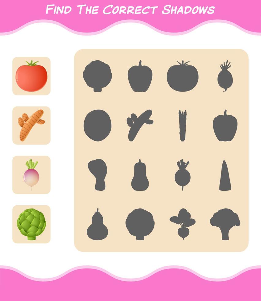Find the correct shadows of cartoon vegetables. Searching and Matching game. Educational game for pre shool years kids and toddlers vector