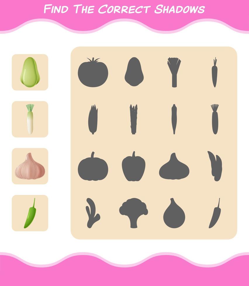 Find the correct shadows of cartoon vegetables. Searching and Matching game. Educational game for pre shool years kids and toddlers vector