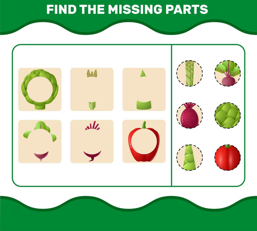 Match cartoon vegetables parts. Matching game. Educational game for pre shool years kids and toddlers vector