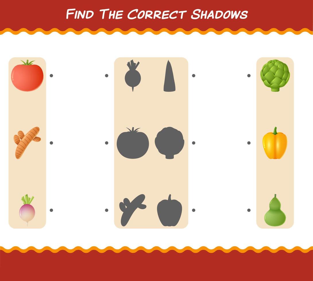 encuentra las sombras correctas de las verduras de dibujos animados. juego de búsqueda y combinación. juego educativo para niños y niños pequeños en edad preescolar vector