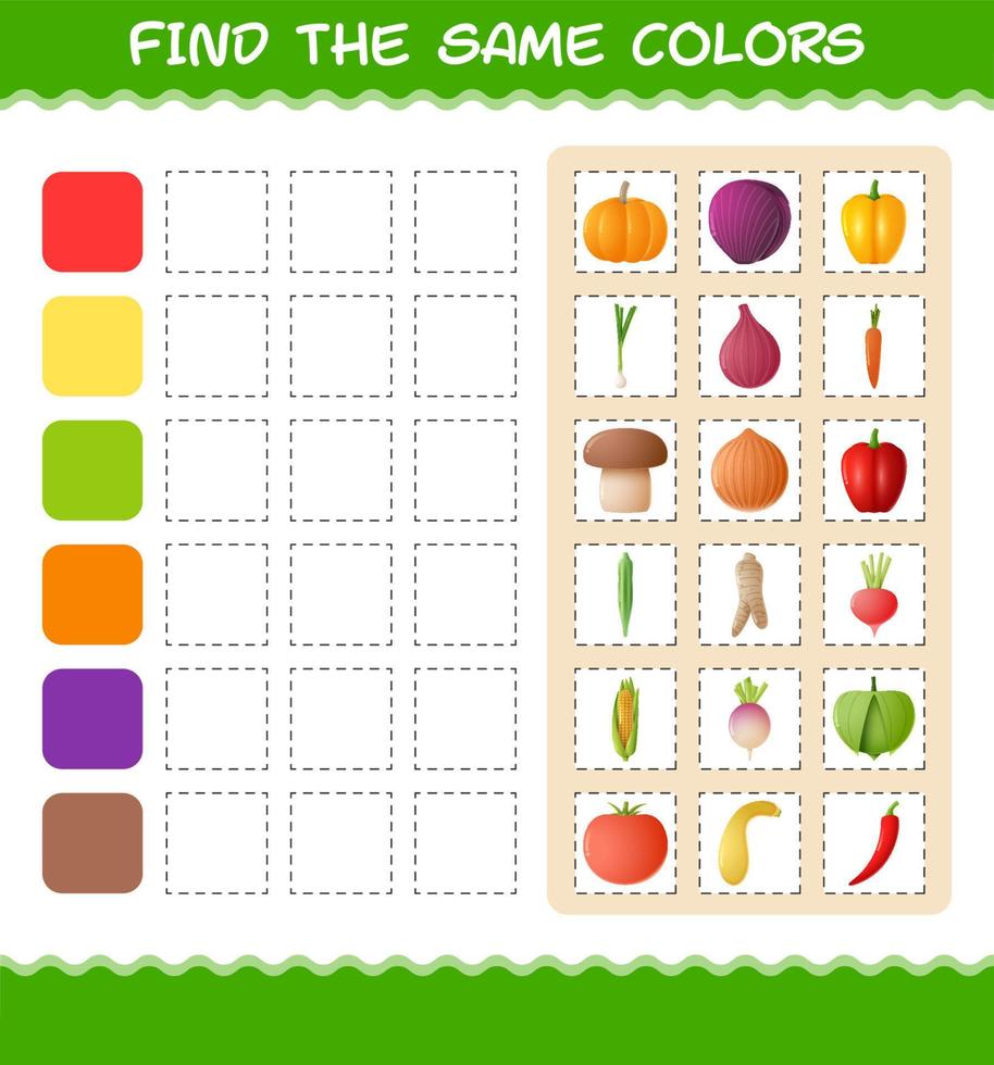 encontrar los mismos colores de las verduras. juego de búsqueda y emparejamiento. juego educativo para niños y niños pequeños en edad preescolar vector