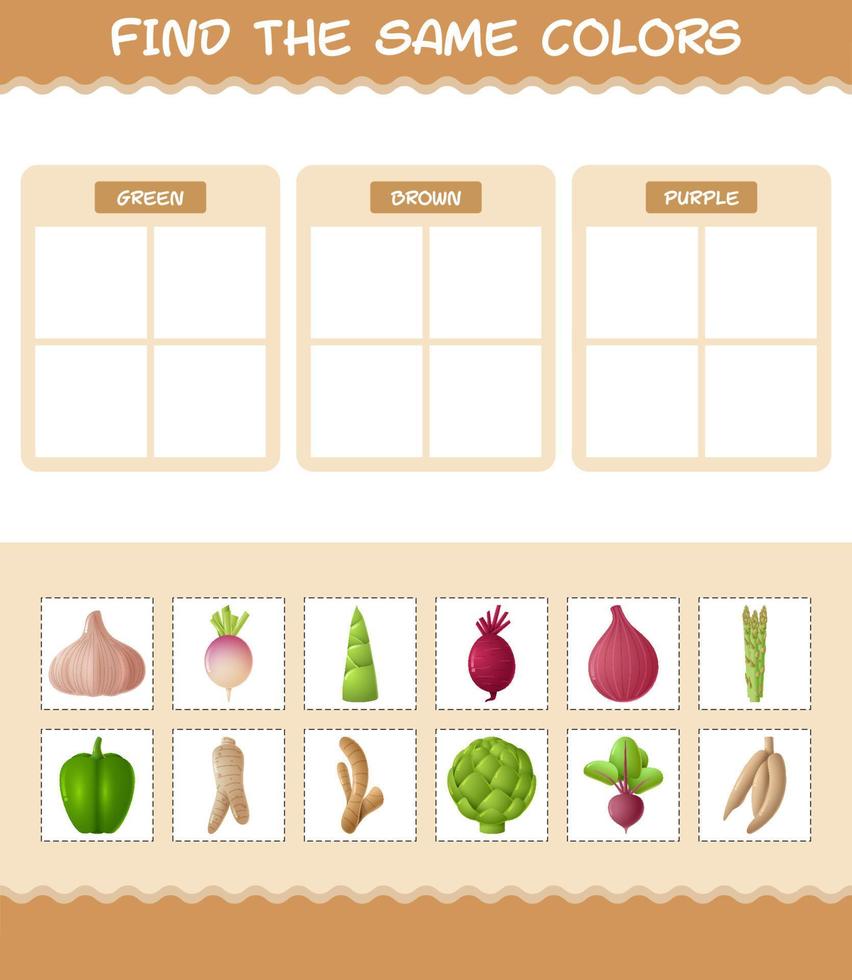 encontrar los mismos colores de las verduras. juego de búsqueda y emparejamiento. juego educativo para niños y niños pequeños en edad preescolar vector