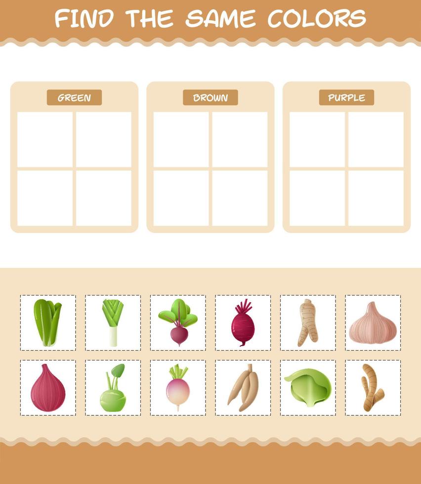 Find the same colors of vegetables. Searching and Matching game. Educational game for pre shool years kids and toddlers vector