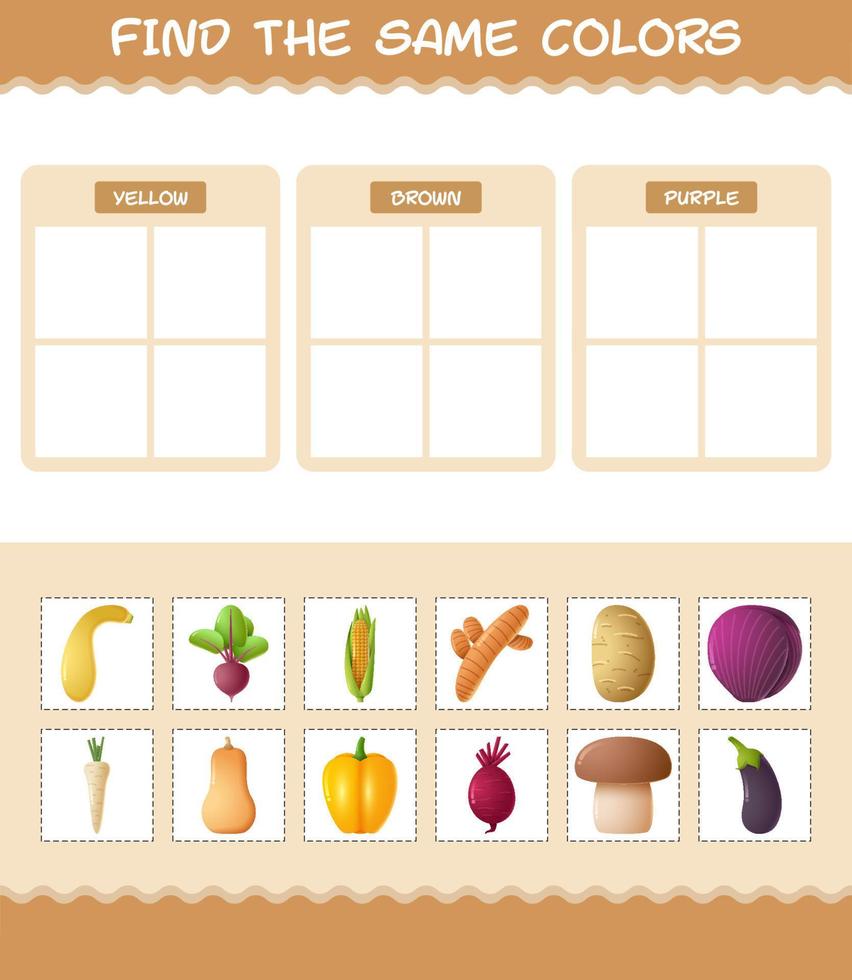 encontrar los mismos colores de las verduras. juego de búsqueda y emparejamiento. juego educativo para niños y niños pequeños en edad preescolar vector