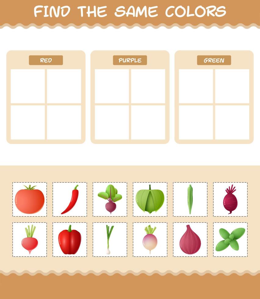 encontrar los mismos colores de las verduras. juego de búsqueda y emparejamiento. juego educativo para niños y niños pequeños en edad preescolar vector