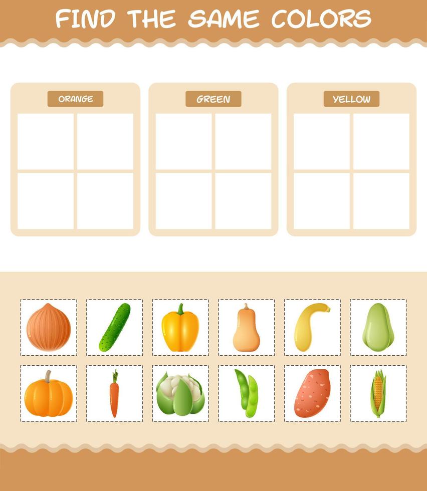 Find the same colors of vegetables. Searching and Matching game. Educational game for pre shool years kids and toddlers vector