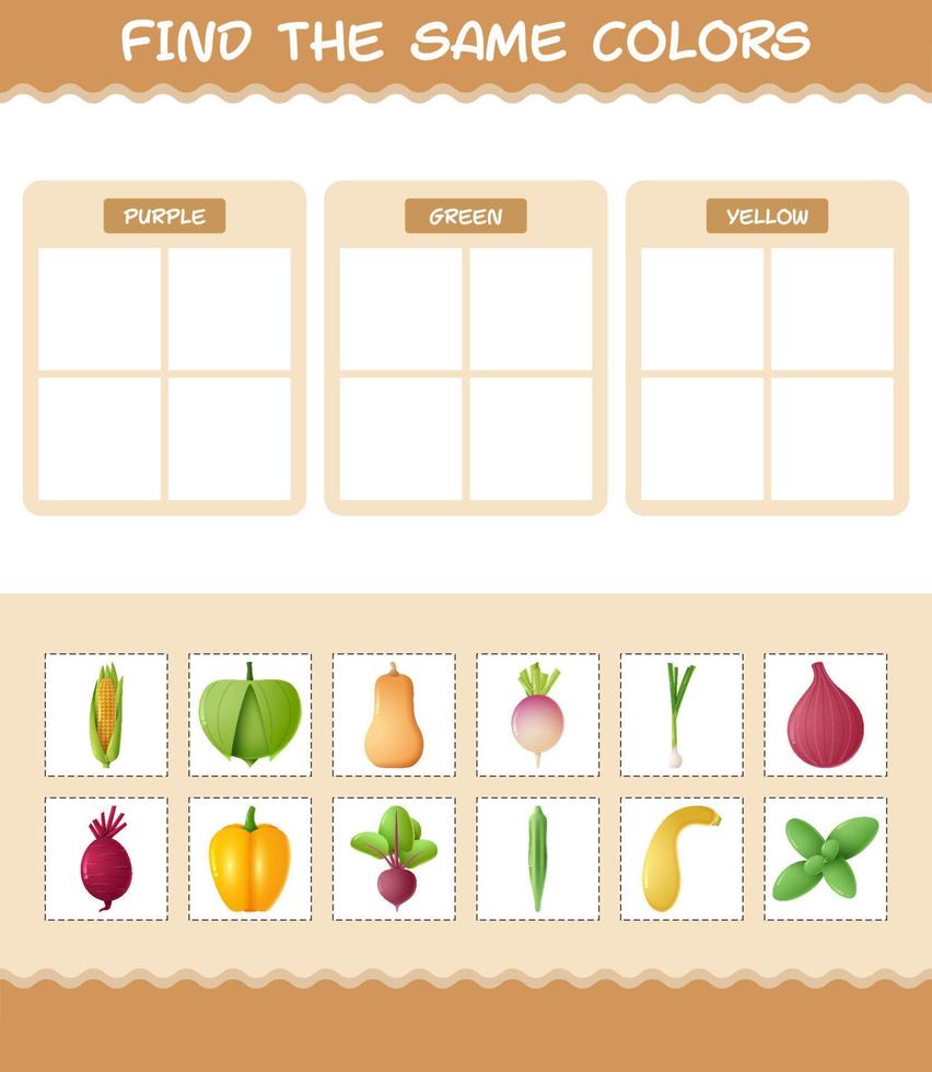 encontrar los mismos colores de las verduras. juego de búsqueda y emparejamiento. juego educativo para niños y niños pequeños en edad preescolar vector