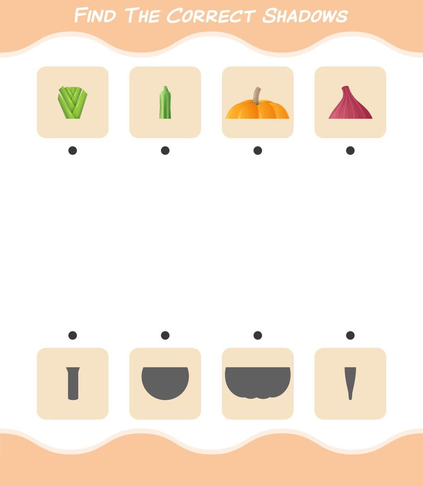 Find the correct shadows of cartoon vegetables. Searching and Matching game. Educational game for pre shool years kids and toddlers vector