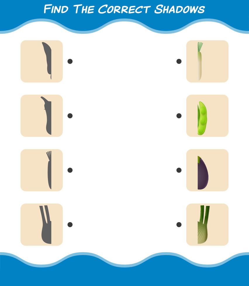 encuentra las sombras correctas de las verduras de dibujos animados. juego de búsqueda y combinación. juego educativo para niños y niños pequeños en edad preescolar vector