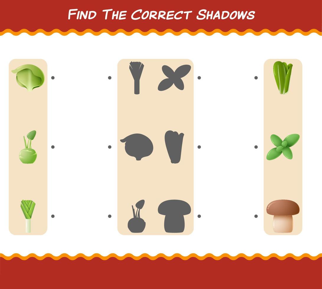 Find the correct shadows of cartoon vegetables. Searching and Matching game. Educational game for pre shool years kids and toddlers vector