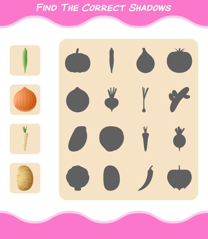 Find the correct shadows of cartoon vegetables. Searching and Matching game. Educational game for pre shool years kids and toddlers vector