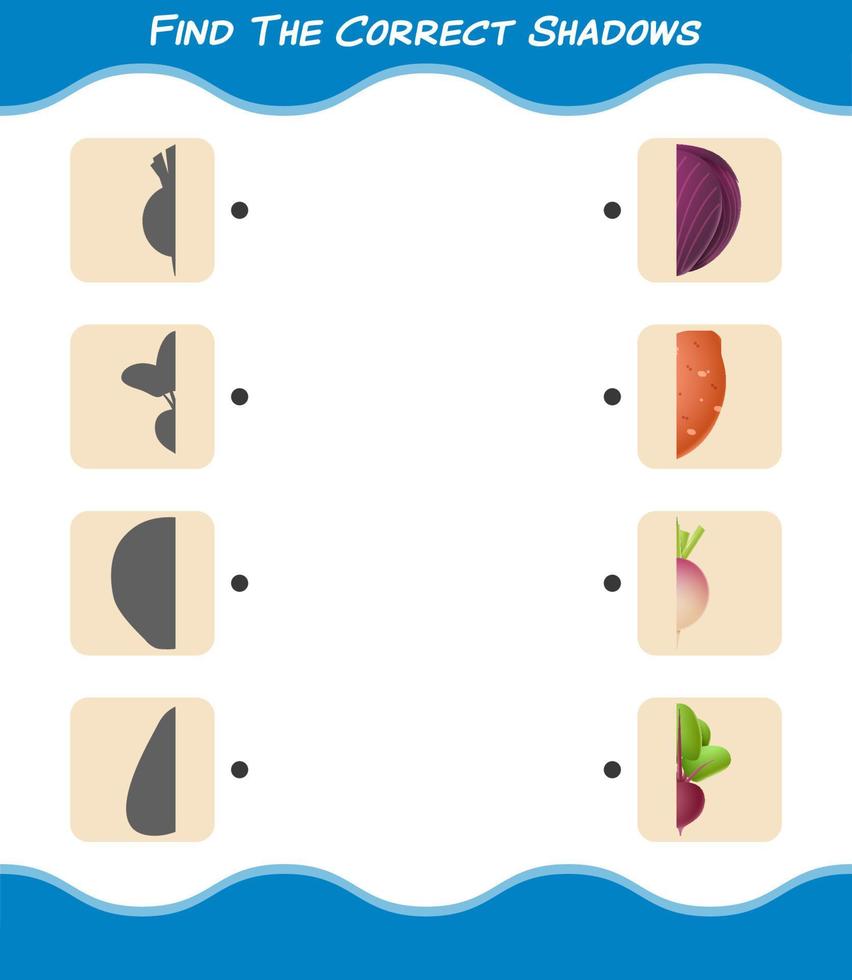 encuentra las sombras correctas de las verduras de dibujos animados. juego de búsqueda y combinación. juego educativo para niños y niños pequeños en edad preescolar vector