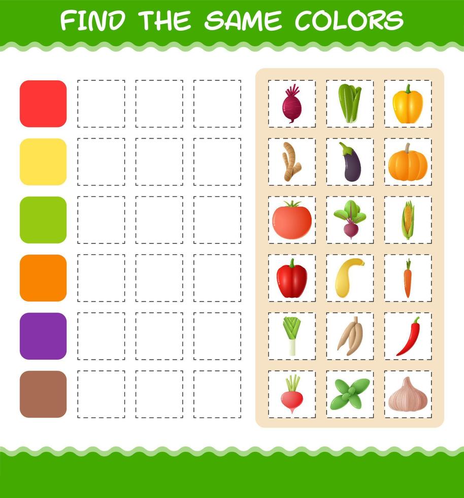 Find the same colors of vegetables. Searching and Matching game. Educational game for pre shool years kids and toddlers vector