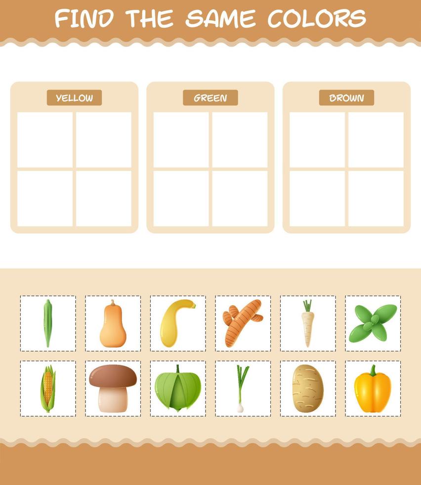 Find the same colors of vegetables. Searching and Matching game. Educational game for pre shool years kids and toddlers vector