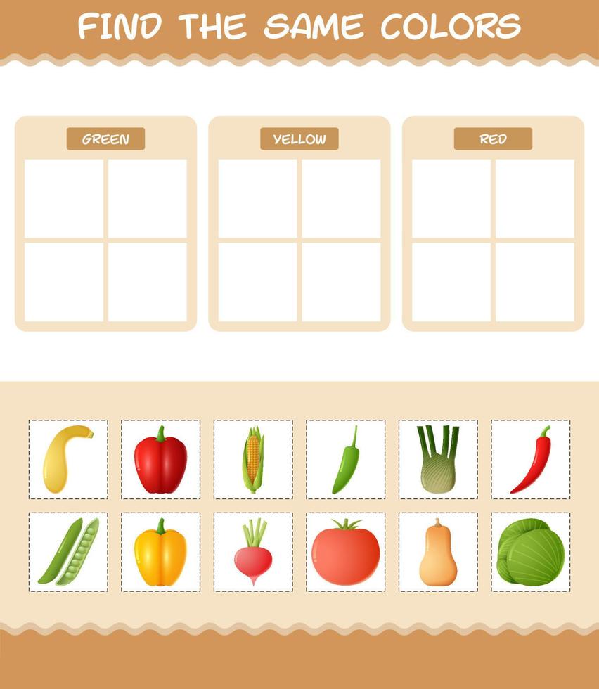 Find the same colors of vegetables. Searching and Matching game. Educational game for pre shool years kids and toddlers vector