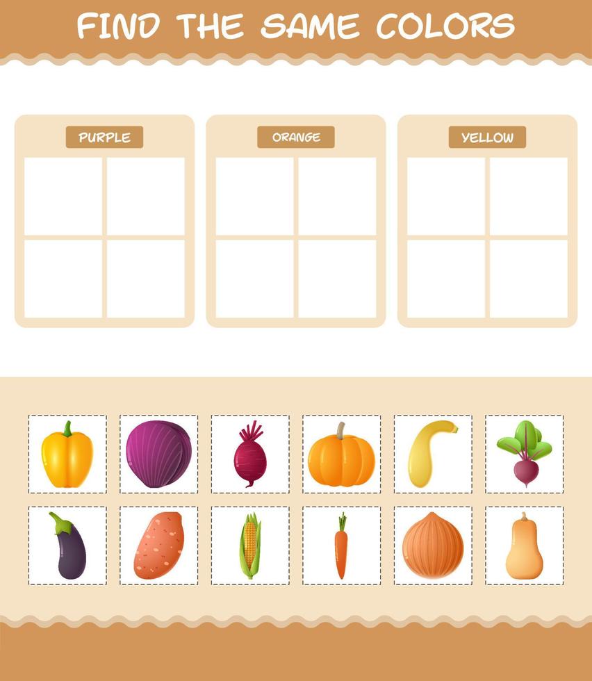 Find the same colors of vegetables. Searching and Matching game. Educational game for pre shool years kids and toddlers vector