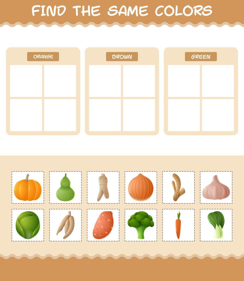 encontrar los mismos colores de las verduras. juego de búsqueda y emparejamiento. juego educativo para niños y niños pequeños en edad preescolar vector