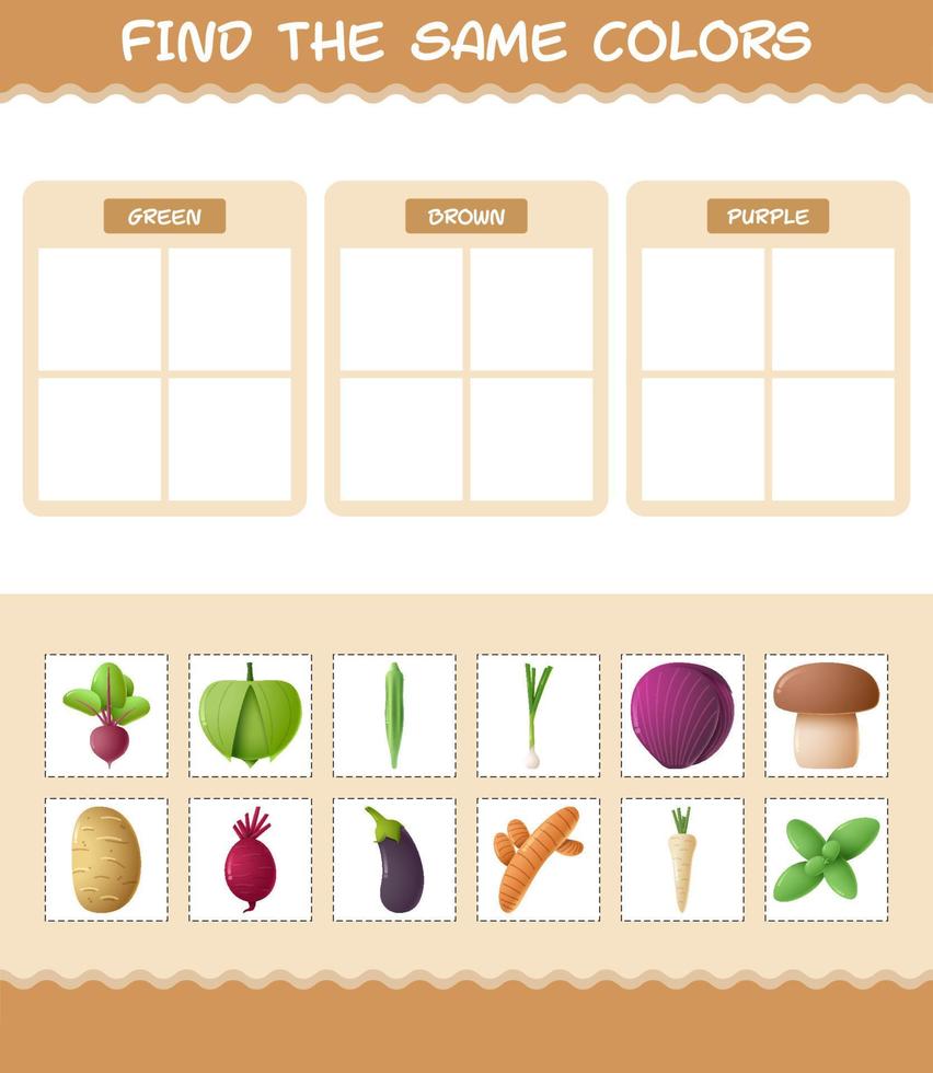 Find the same colors of vegetables. Searching and Matching game. Educational game for pre shool years kids and toddlers vector